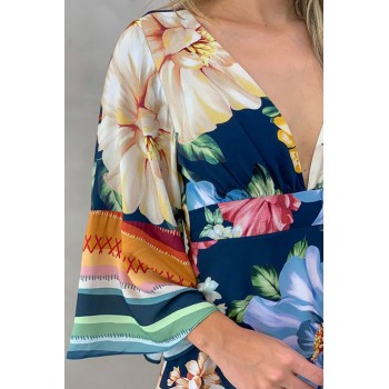 Multicolor V Neck Bell Sleeve Floral Short Dress
